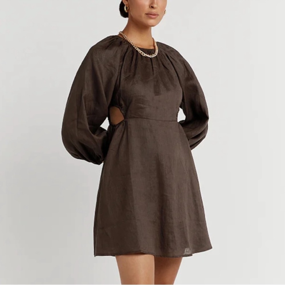 Dissh Evans Mini Dress Womens Size 6 US Brown Linen Cut Out